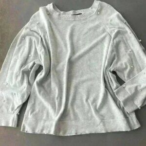Zara Gray Knit Pearl Balloon Long Sleeve Crew Neck Pullover Sweater Size L